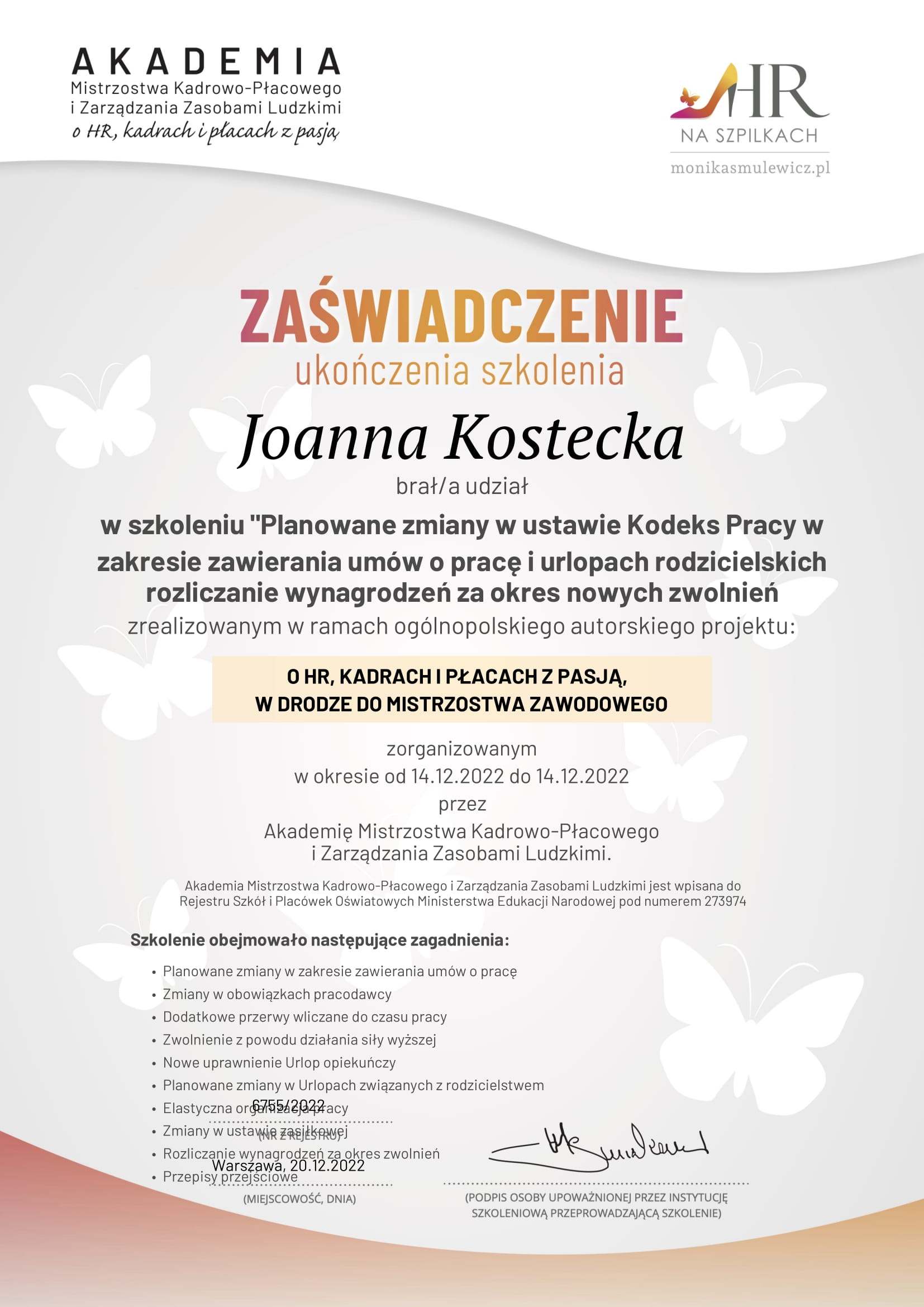 Certyfikat Joanna Kostecka HR na szpilkach 1
